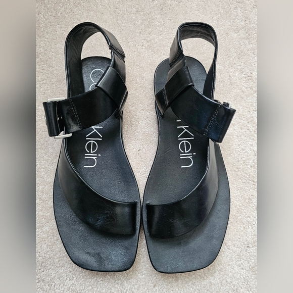 Calvin Klein Shoes - Calvin Klein Black Leather Thong Slingback Sandals Buckle Size 7M Women's